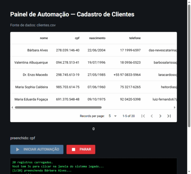 Painel de automação em NiceGUI executando o robô e mostrando o log em tempo real